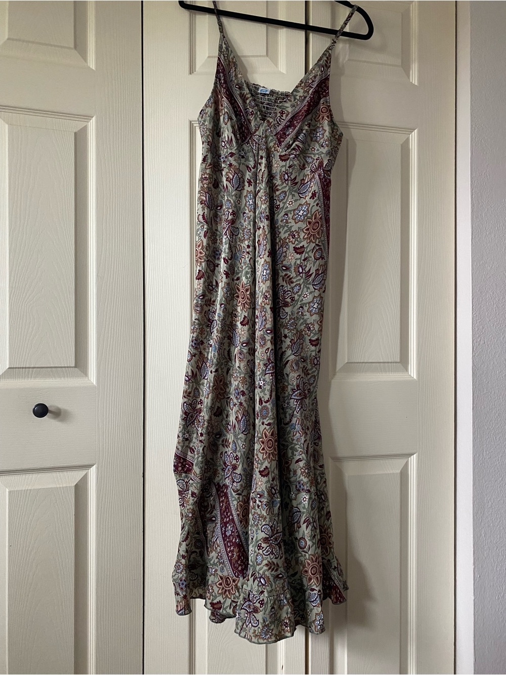 Paisley Slip Maxi Dress in Sage Green and Burgundy